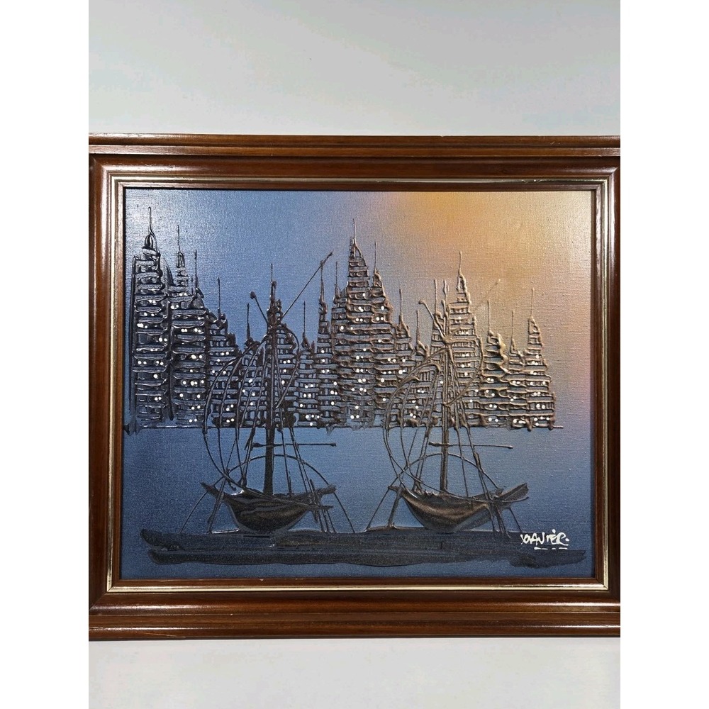 Vintage Signed Drip Oil Painting Of Ships In Harbor Framed - Picture 1 of 9